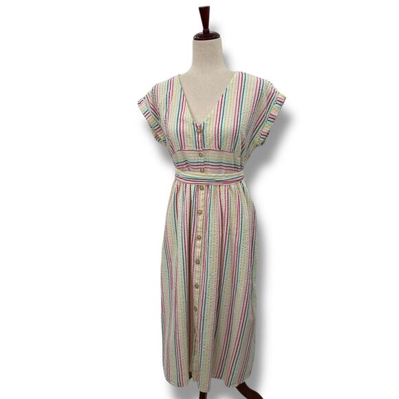 Ann Taylor Loft White Rainbow Stripe Dress Size 6P Button Front Midi Seersucker - Picture 2 of 7
